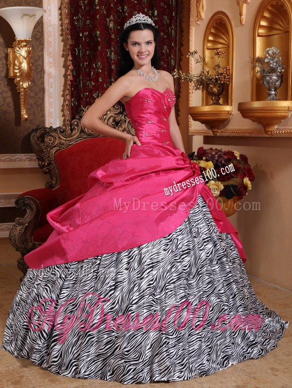 Hot Pink Ball Gown Sweetheart Floor-length Taffeta and Zebra Bea