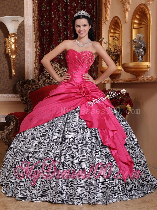 Hot Pink Ball Gown Sweetheart Floor-length Taffeta and Zebra Bea