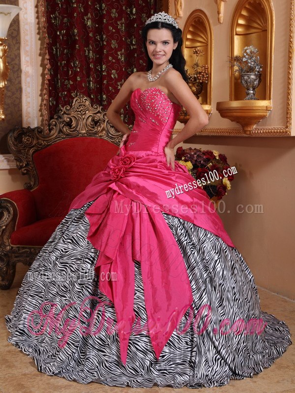 Hot Pink Ball Gown Sweetheart Floor-length Taffeta and Zebra Bea