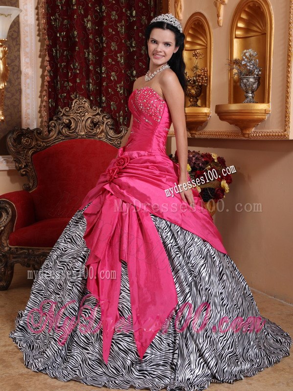 Hot Pink Ball Gown Sweetheart Floor-length Taffeta and Zebra Bea
