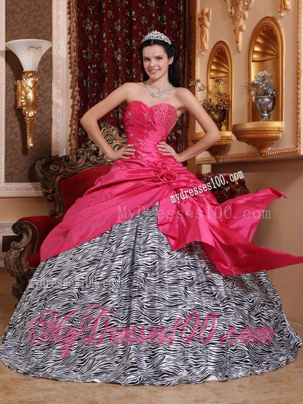 Hot Pink Ball Gown Sweetheart Floor-length Taffeta and Zebra Bea