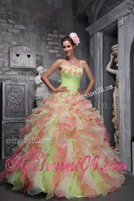 Hand Flowers Ball Gown Strapless Quinceanera Dress Taffeta and Organza