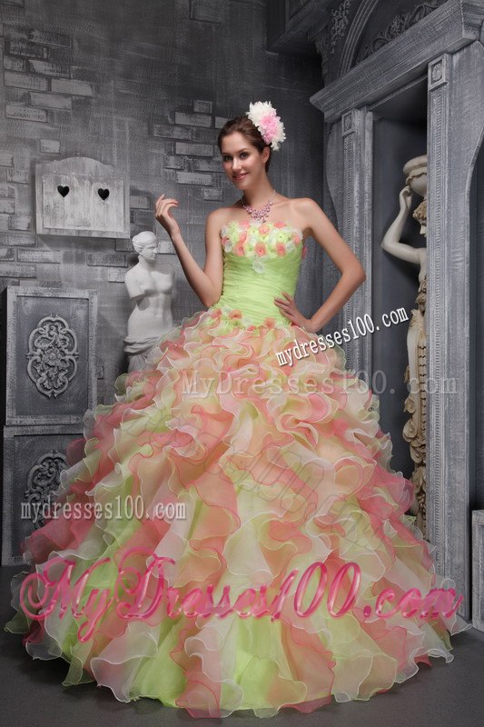 Hand Flowers Ball Gown Strapless Quinceanera Dress Taffeta and Organza