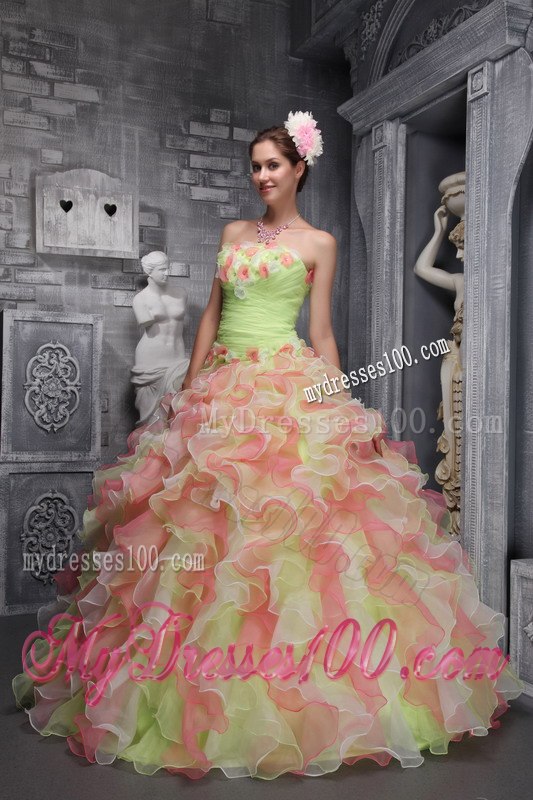Hand Flowers Ball Gown Strapless Quinceanera Dress Taffeta and Organza