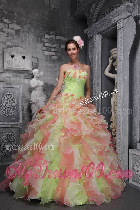 Hand Flowers Ball Gown Strapless Quinceanera Dress Taffeta and Organza