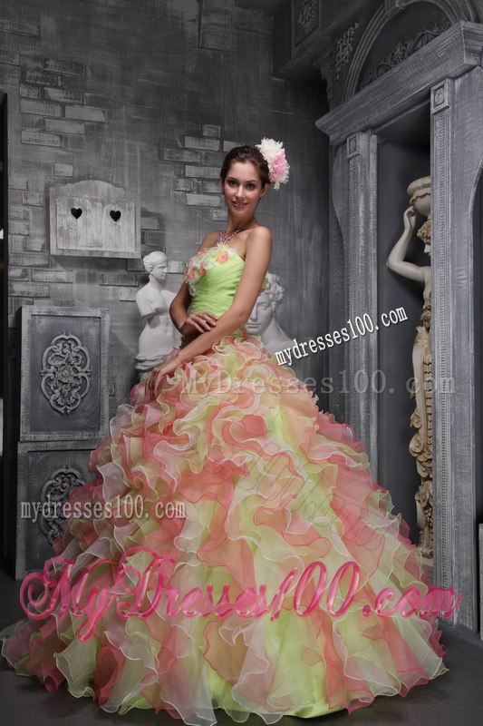 Hand Flowers Ball Gown Strapless Quinceanera Dress Taffeta and Organza