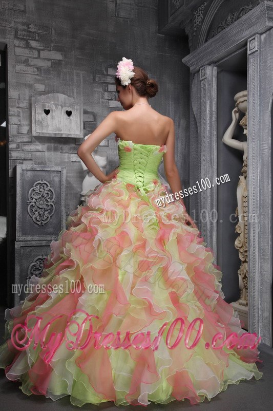 Hand Flowers Ball Gown Strapless Quinceanera Dress Taffeta and Organza