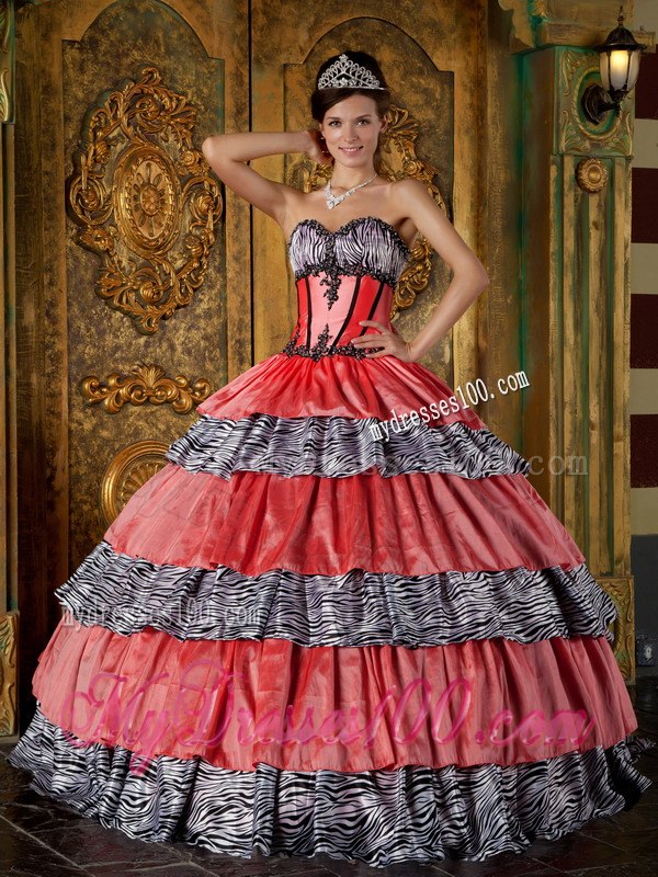 Zebra Ruffles Sweet 16 Brithday Ball Gown Sweetheart Floor-length
