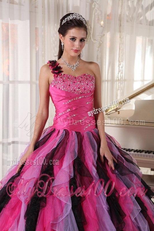 One Shoulder Multi-colored Quinceanera Gown Floor-length Beading