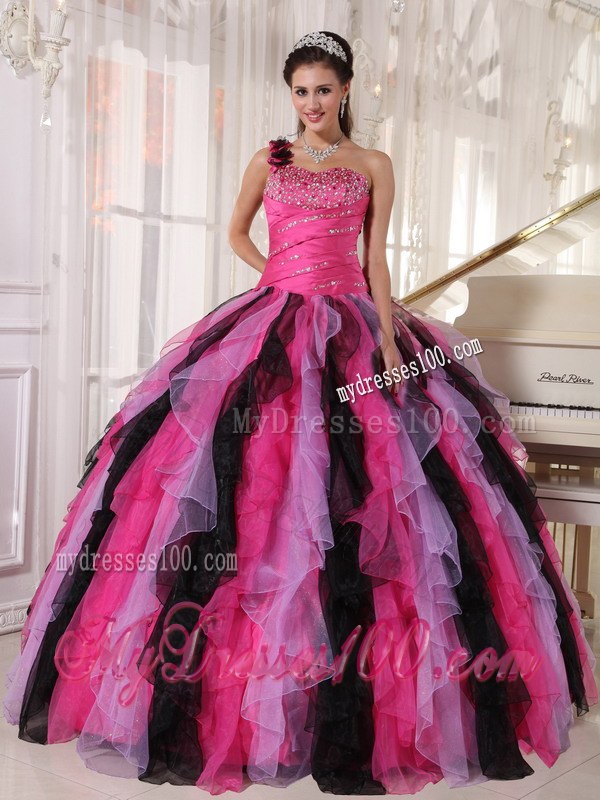 One Shoulder Multi-colored Quinceanera Gown Floor-length Beading