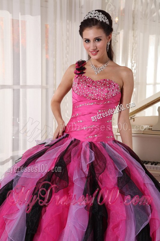 One Shoulder Multi-colored Quinceanera Gown Floor-length Beading