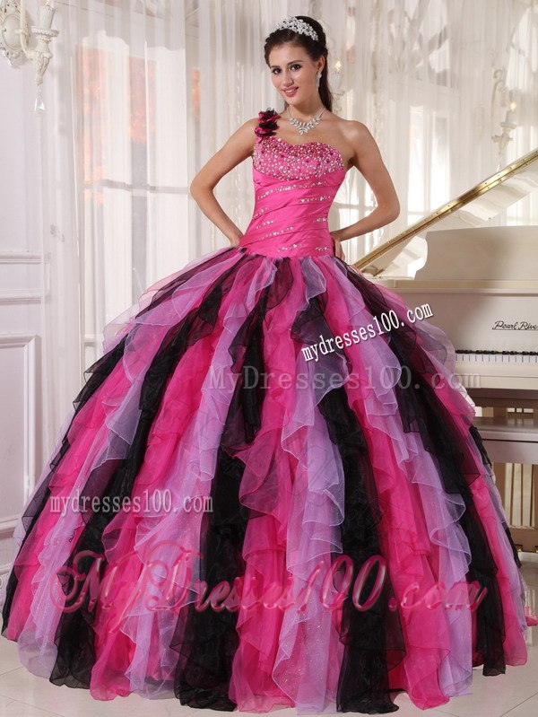 One Shoulder Multi-colored Quinceanera Gown Floor-length Beading