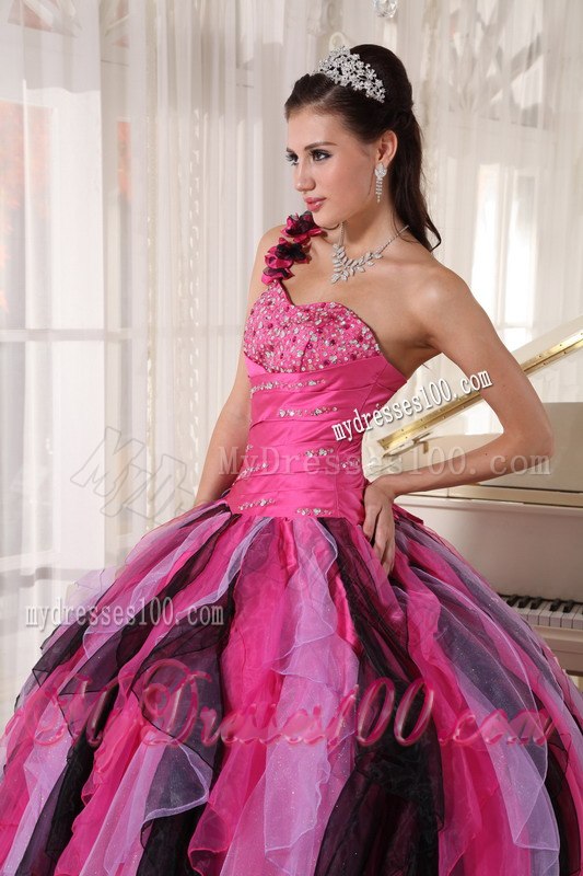 One Shoulder Multi-colored Quinceanera Gown Floor-length Beading