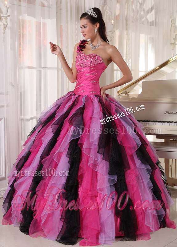 One Shoulder Multi-colored Quinceanera Gown Floor-length Beading