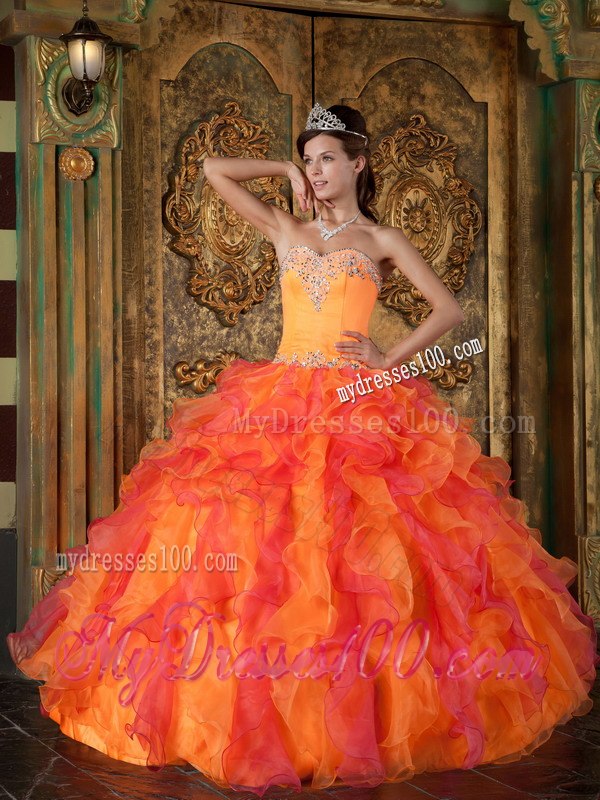 Orange and Red Sweetheart Quinceanera Dress A-Line Style with Ruffles