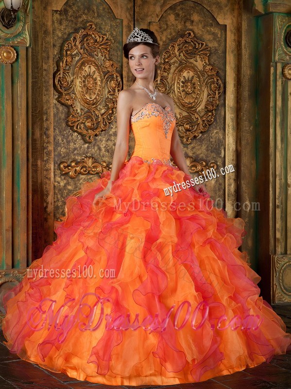 Orange and Red Sweetheart Quinceanera Dress A-Line Style with Ruffles