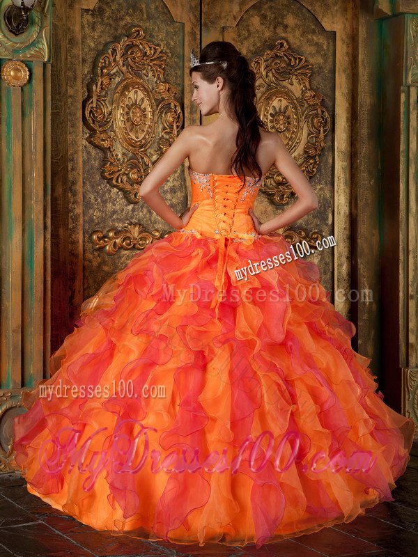 Orange and Red Sweetheart Quinceanera Dress A-Line Style with Ruffles