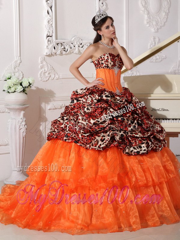 Brush Train Orange Sweetheart Leopard and Organza Appliques and Beading