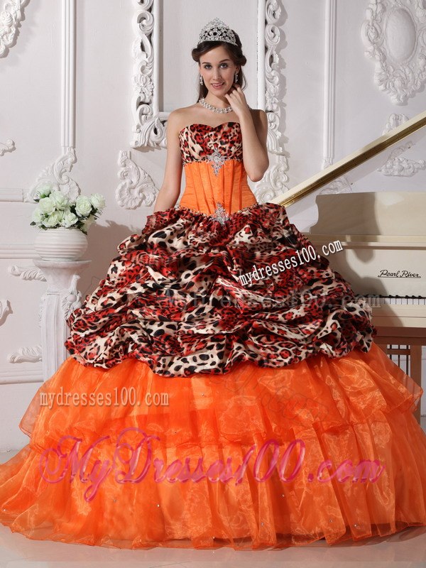 Brush Train Orange Sweetheart Leopard and Organza Appliques and Beading