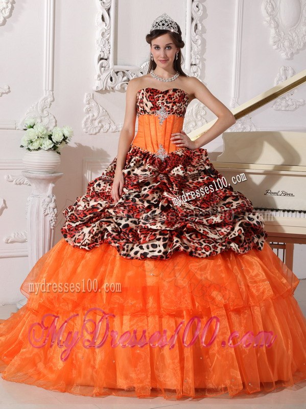 Brush Train Orange Sweetheart Leopard and Organza Appliques and Beading