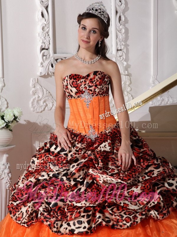 Brush Train Orange Sweetheart Leopard and Organza Appliques and Beading