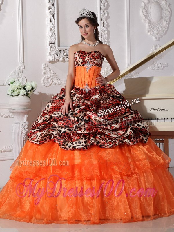 Brush Train Orange Sweetheart Leopard and Organza Appliques and Beading