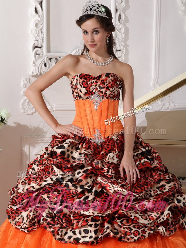 Brush Train Orange Sweetheart Leopard and Organza Appliques and Beading