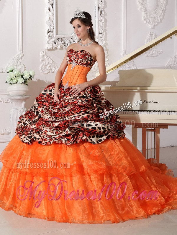 Brush Train Orange Sweetheart Leopard and Organza Appliques and Beading