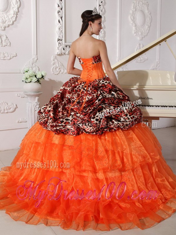 Brush Train Orange Sweetheart Leopard and Organza Appliques and Beading