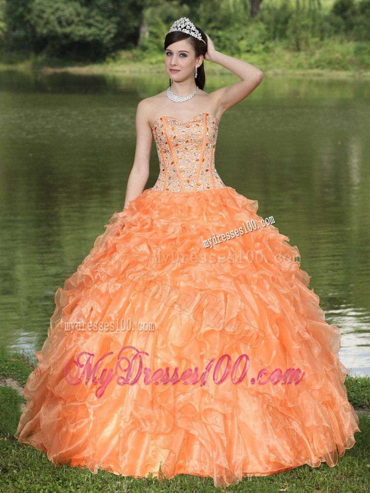 Orange Quinceanera Dress Clearance With Sweetheart Beaded Ruffle