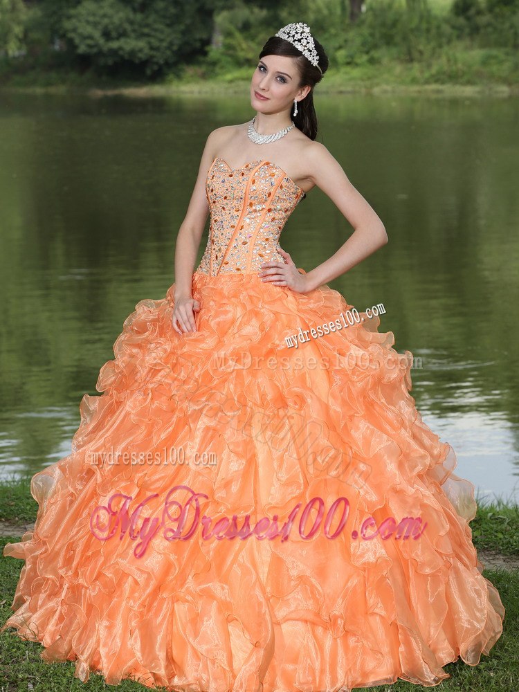 Orange Quinceanera Dress With Sweetheart Beaded Ruffles Layered