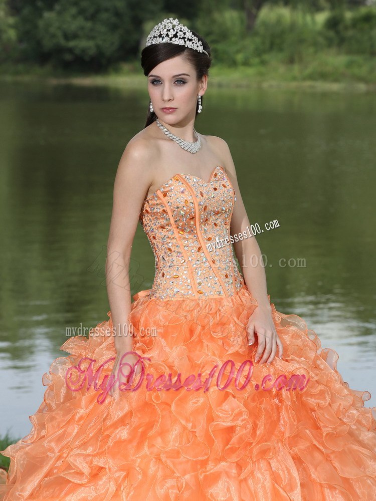 Orange Quinceanera Dress Clearance With Sweetheart Beaded Ruffle