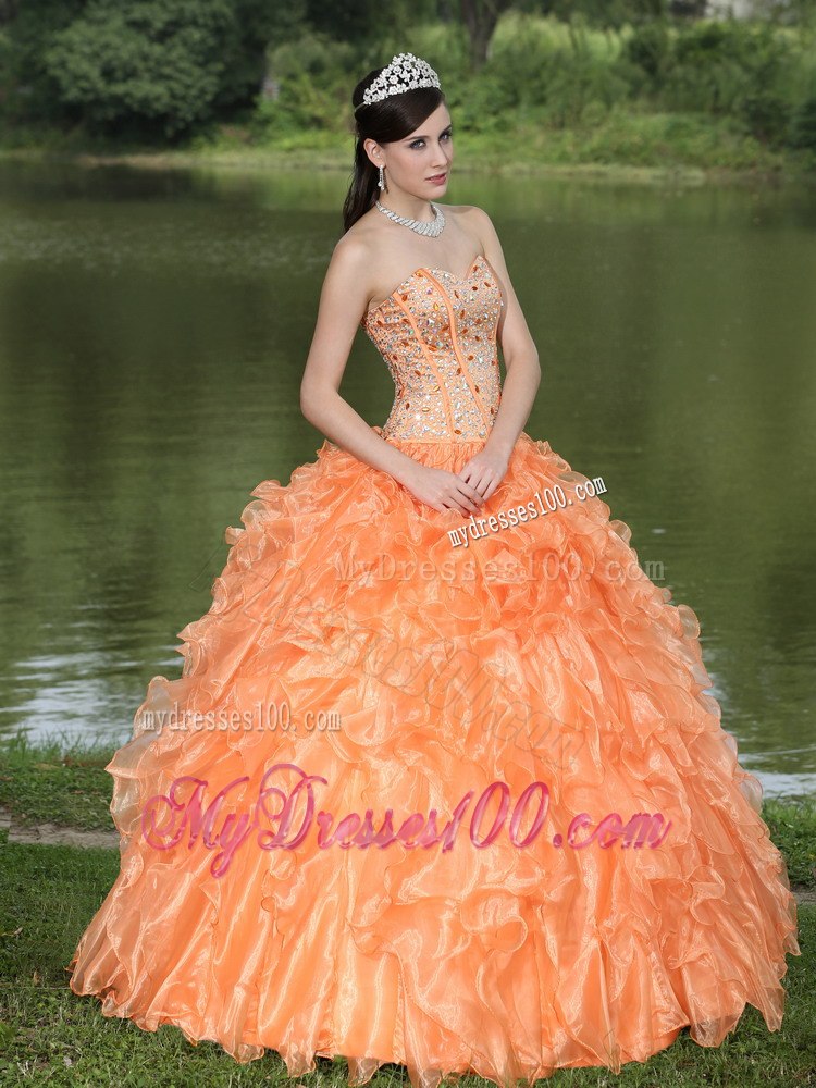 Orange Quinceanera Dress Clearance With Sweetheart Beaded Ruffle