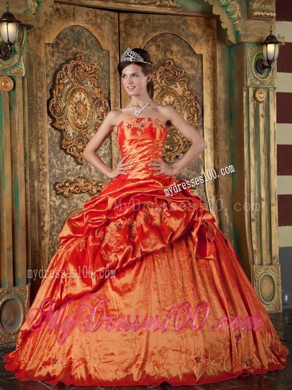 Sweet 16 Dress in Orange Red with Pick-ups and Appliques Design