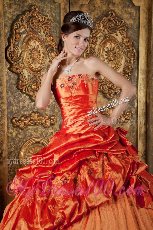 Sweet 16 Dress in Orange Red with Pick-ups and Appliques Design