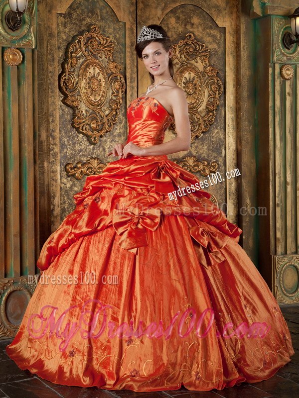 Sweet 16 Dress in Orange Red with Pick-ups and Appliques Design
