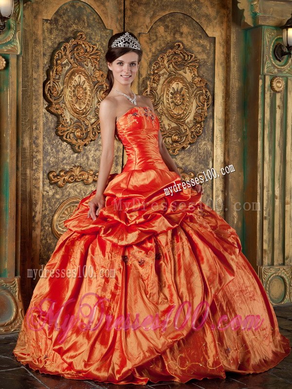 Sweet 16 Dress in Orange Red with Pick-ups and Appliques Design