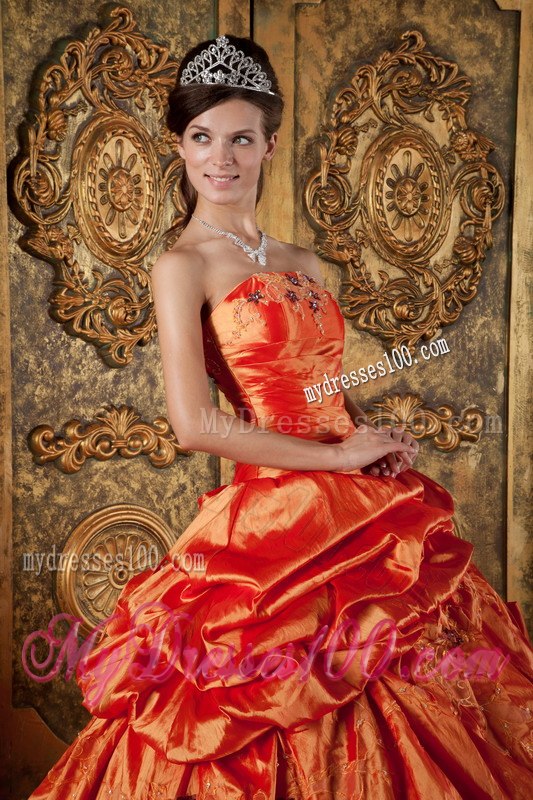 Sweet 16 Dress in Orange Red with Pick-ups and Appliques Design