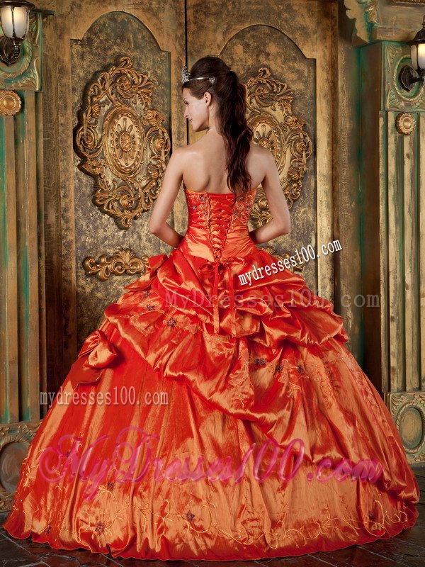 Sweet 16 Dress in Orange Red with Pick-ups and Appliques Design