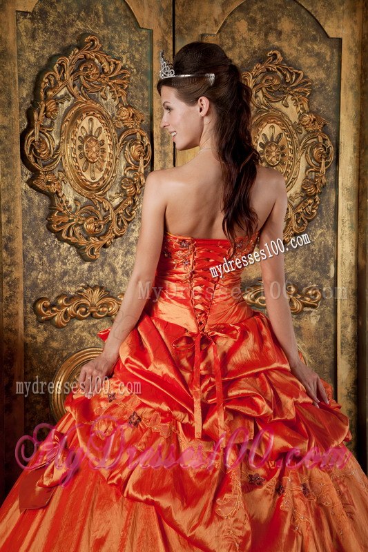 Sweet 16 Dress in Orange Red with Pick-ups and Appliques Design
