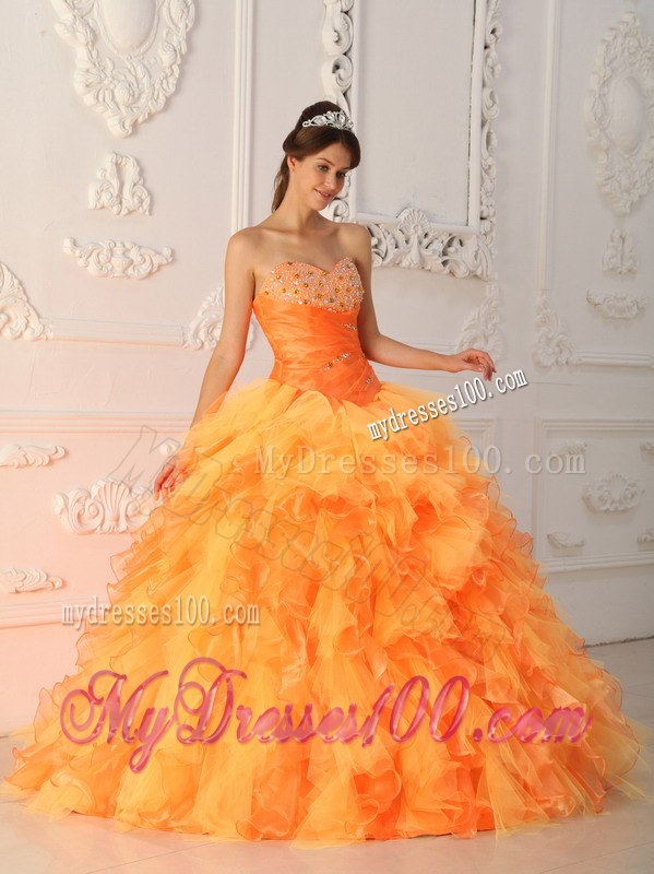 Beading and Ruche Orange Red Quinceanera Dress Sweetheart Organza