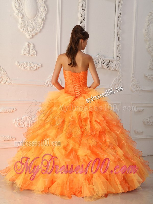 Beading and Ruche Orange Red Quinceanera Dress Sweetheart Organza