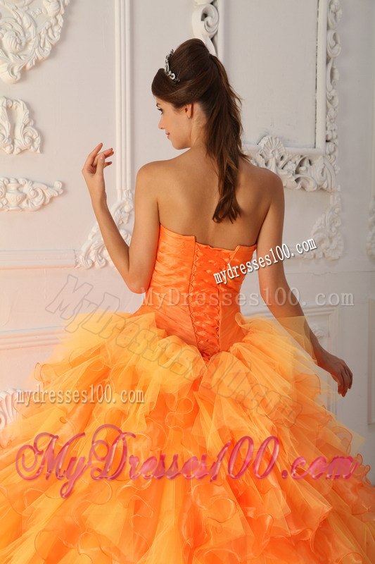 Beading and Ruche Orange Red Quinceanera Dress Sweetheart Organza