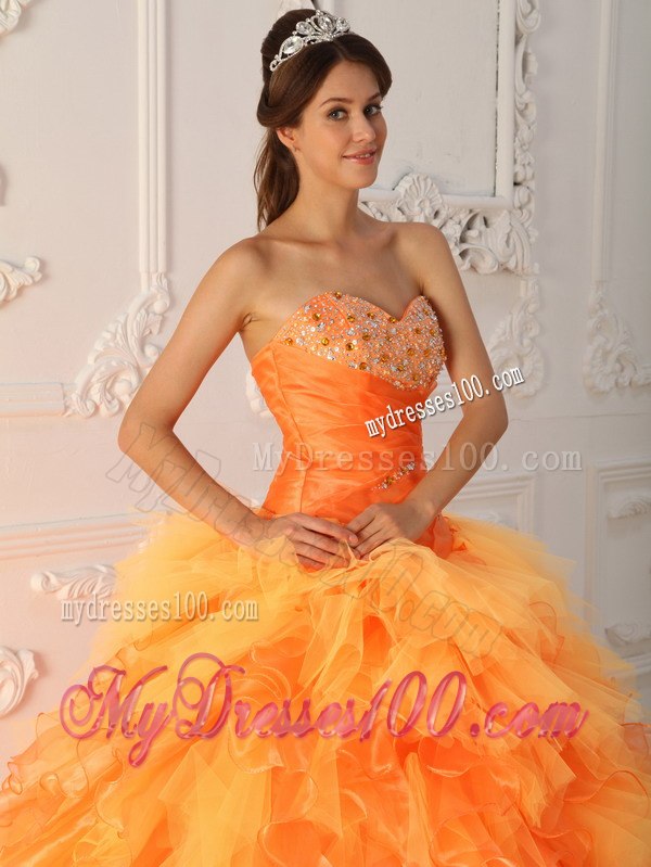 Beading and Ruche Orange Red Quinceanera Dress Sweetheart Organza