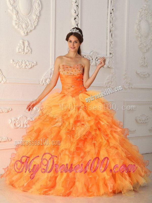 Beading and Ruche Orange Red Quinceanera Dress Sweetheart Organza