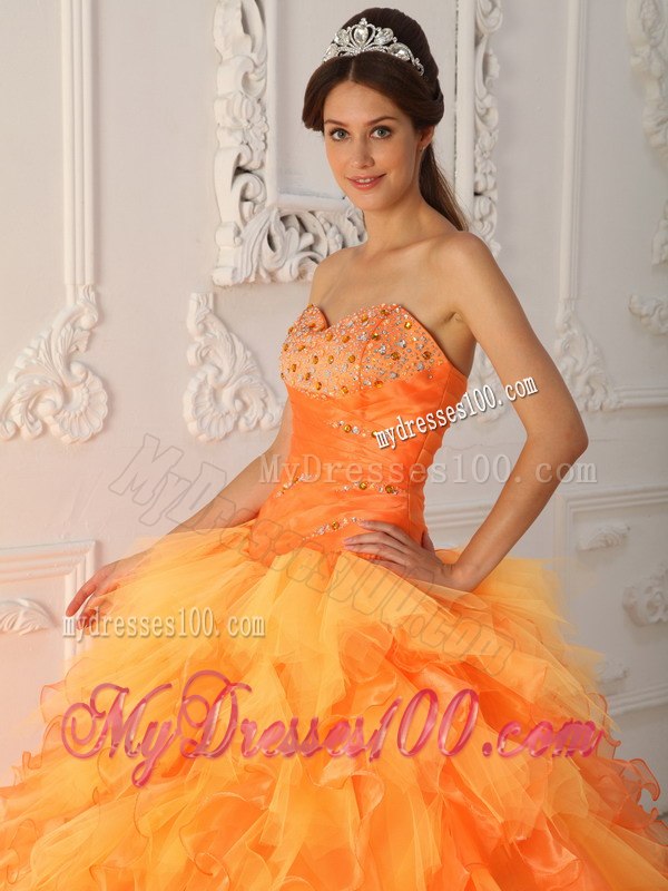 Beading and Ruche Orange Red Quinceanera Dress Sweetheart Organza