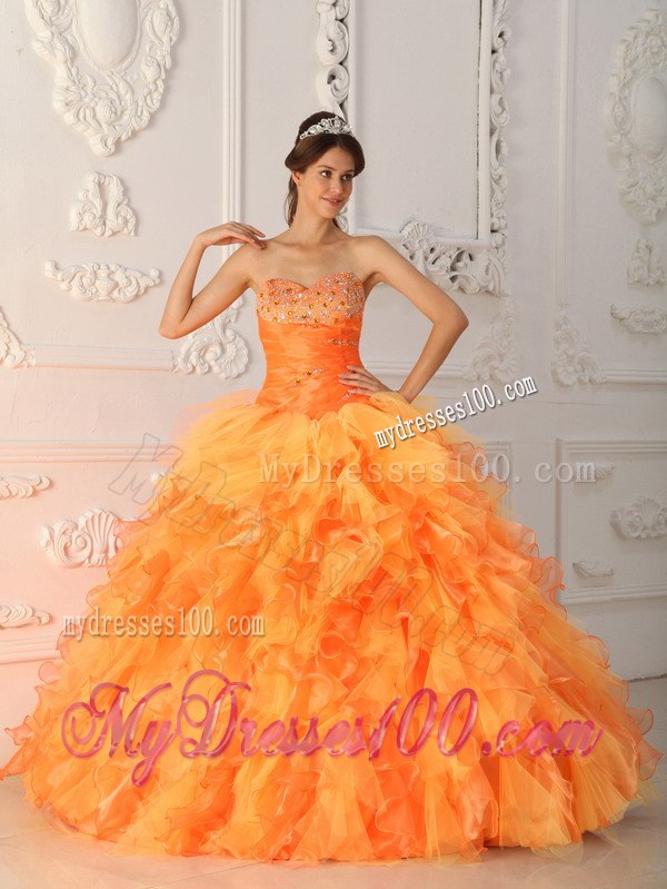 Beading and Ruche Orange Red Quinceanera Dress Sweetheart Organza