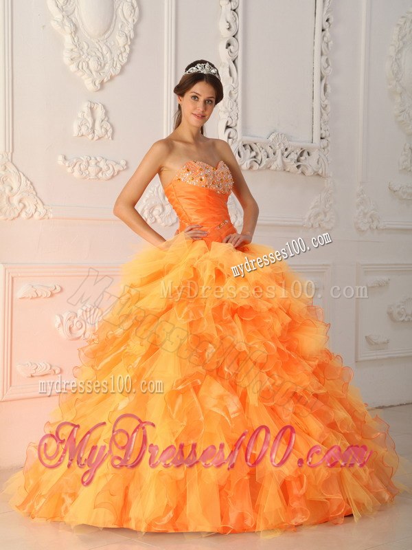 Beading and Ruche Orange Red Quinceanera Dress Sweetheart Organza