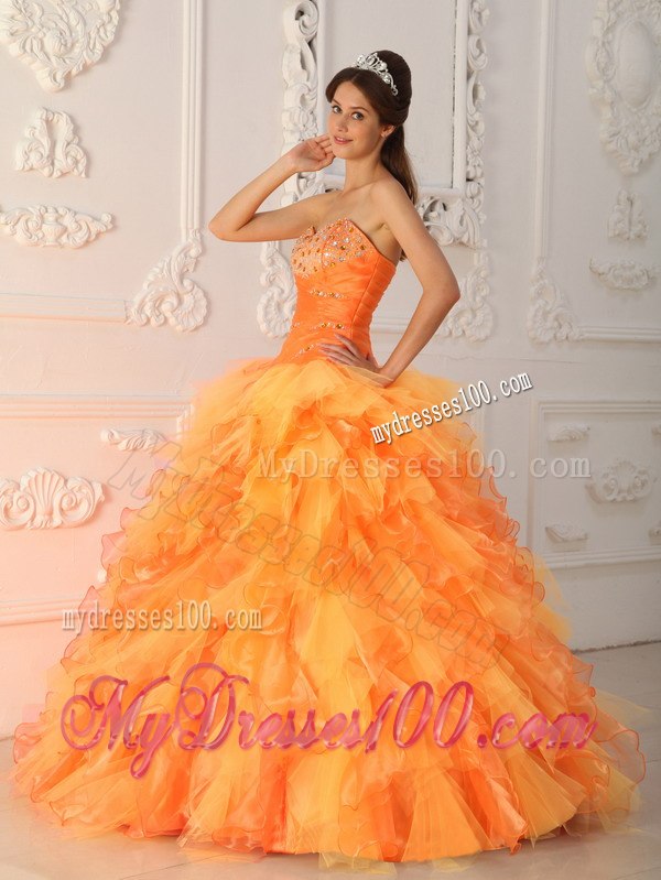 Beading and Ruche Orange Red Quinceanera Dress Sweetheart Organza