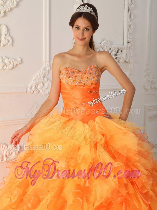 Beading and Ruche Orange Red Quinceanera Dress Sweetheart Organza